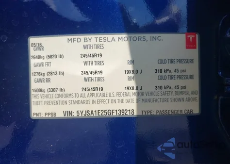 2016 Tesla Model S 60D/70D/75D/85D/90D из США, поврежденный, VIN 5YJSA1E25GF139218